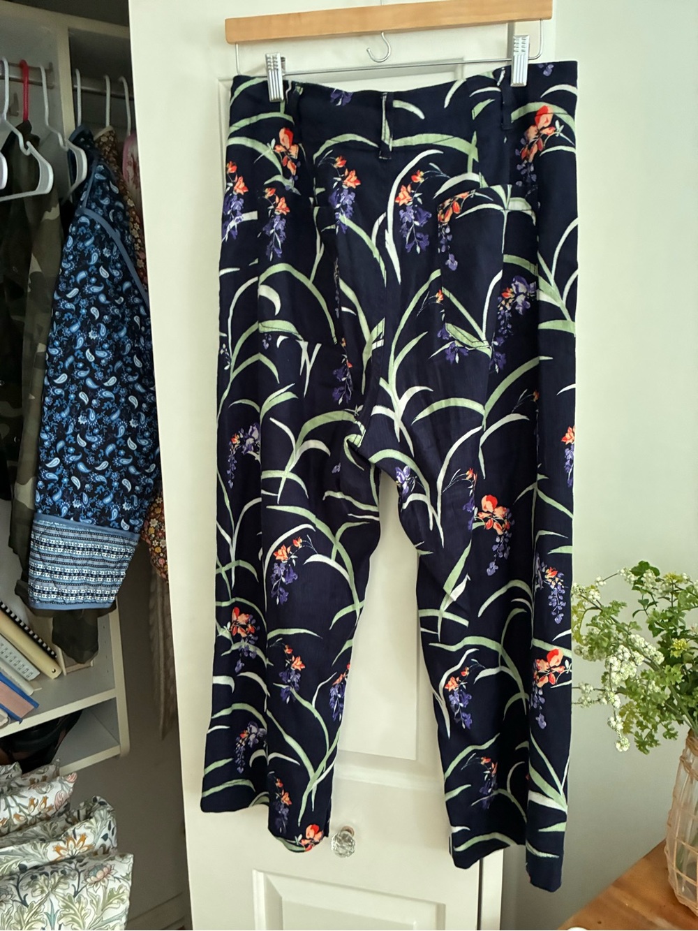 Anthropologie Navy Floral Cropped Pants with Green and Orange Accents
